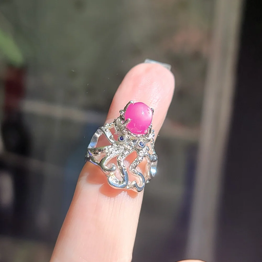 Star Ruby & Sapphire Sterling Octopus 🐙 ring sz6 - Picture 7 of 8